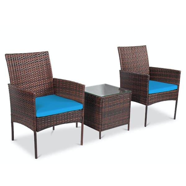 Pyramid Home Decor Alvino 3-Piece Wicker Rattan Outdoor Patio Bistro Set, Chairs with Thick Light Blue Cushion and Glass Top Coffee Table