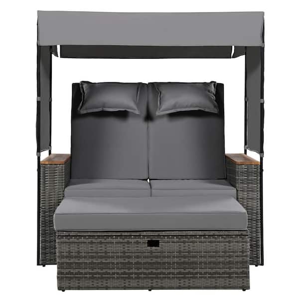 ToolCat 2-Piece Gray Wicker Outdoor Bench Chaise Lounge Roof Set with Cushions and Adjustable Backrest for Patio, Backyard