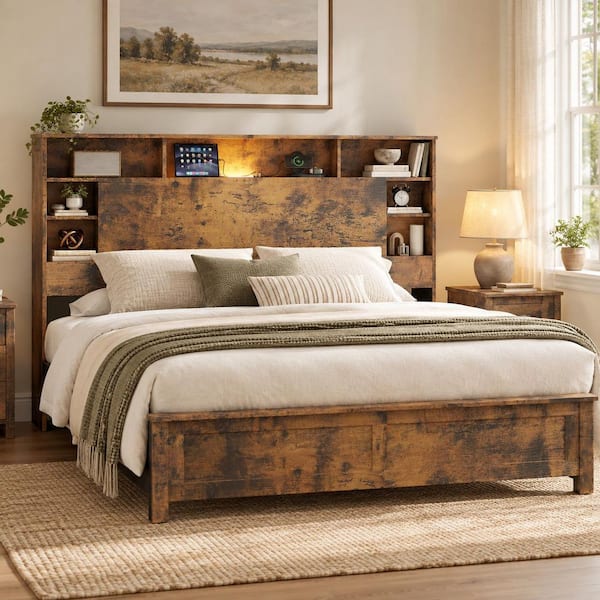 Brown Wood and Metal Frame Queen Size Platform Bed with Storage Headboard, Charging Station, LED Lights, Bookcase
