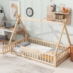 Tent Style Natural Wood Frame Twin Size Platform Bed, Teepee Bed with Fence Bedrails, Door, Slats