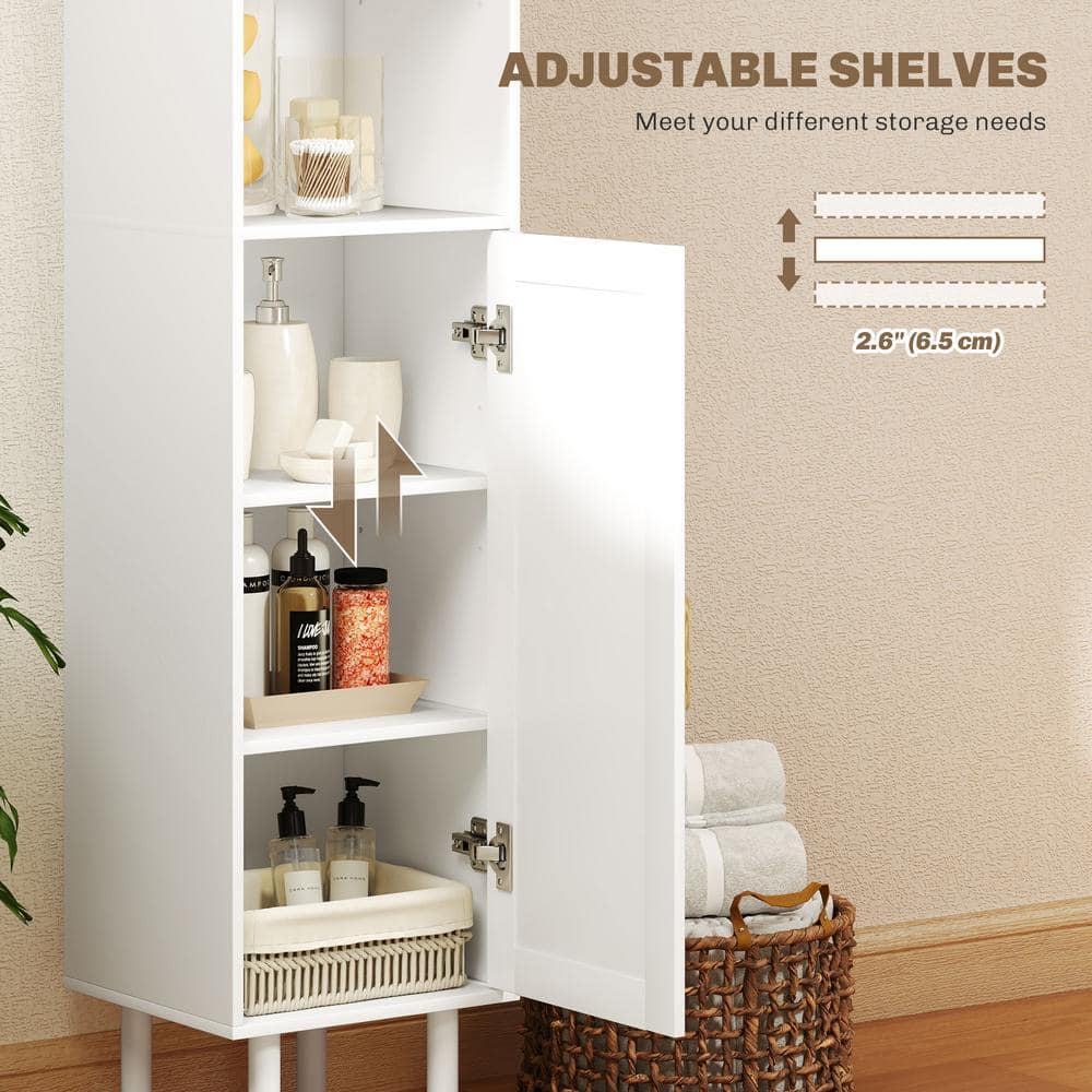 Infographic demonstrating the adjustable shelves of the white storage cabinet.