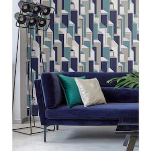 Perry Teal and Indigo Deco Geometric Paper Non-Woven Unpasted Wallpaper Roll (covers 56 sq. ft.)