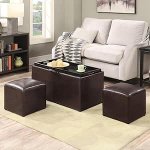 Designs4Comfort Sheridan Espresso Faux Leather Storage Bench with Reversible Tray and 2 Side Ottomans