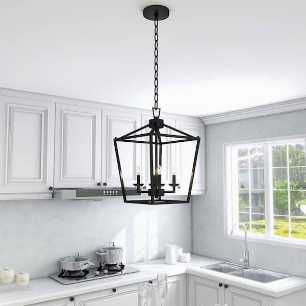 Uixe 4-Light Matte Black Geometric Vintage Lantern Chandelier