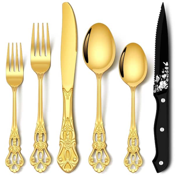 48-Piece Retro Gold Stainless Steel Flatware Set, Baroque Handle, Steak Knives, Service for 8 Gorgeous
