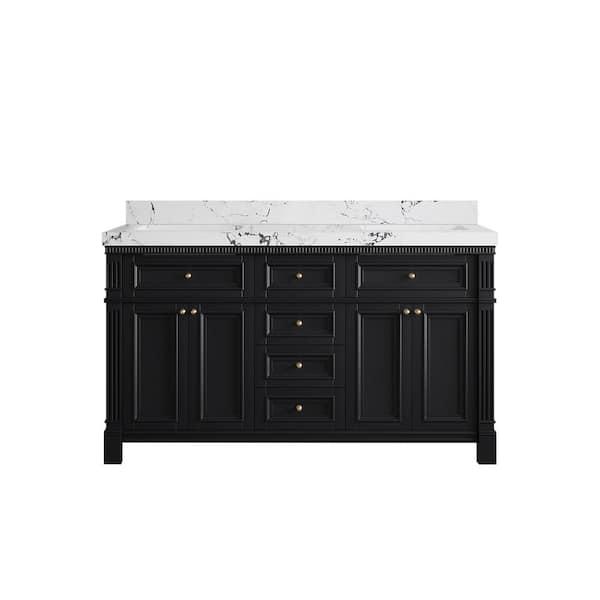 Willow Collections Paris 60 in. W x 22 in. D x 36 in. H Double Sink Bath Vanity in Black with 2 in. Viola Night qt. Top
