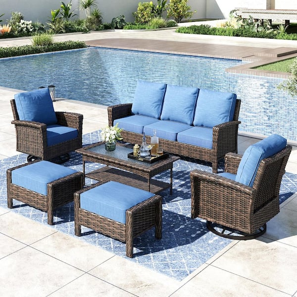 Black 6-Pieces Metal Patio Conversation Sectional Seating Set with Swivel Sofa Chairs, Glass Top Table and Blue Cushions