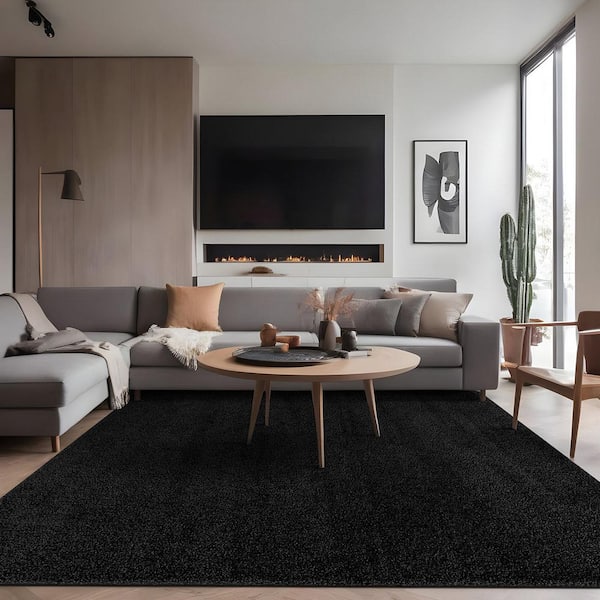 5 ft. x 7 ft. Black Silky Solid Plus Thick Pile Non Slip Easy Clean Non Shedding Modern Indoor Area Rug