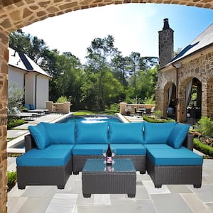 7-Piece Brown Wicker Patio Conversation Set with Coffee Table and Dark Blue Cushion