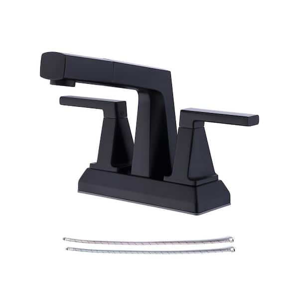 RAINLEX 4 in. Centerset Double Handle Arc Bathroom Faucet with Pull Out Sprayer, Supply Line Included in Matte Black