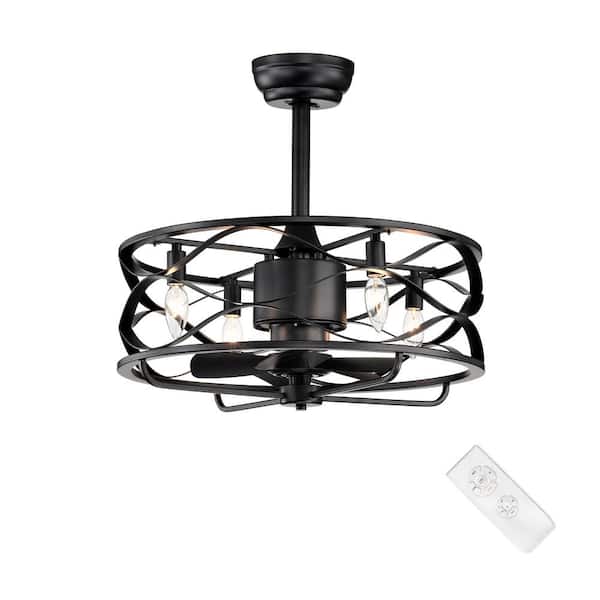 Edvivi 20 in. Farmhouse Indoor Matte Black Drum Cage Reversible Ceiling Fan with Light Kit and Remote Control