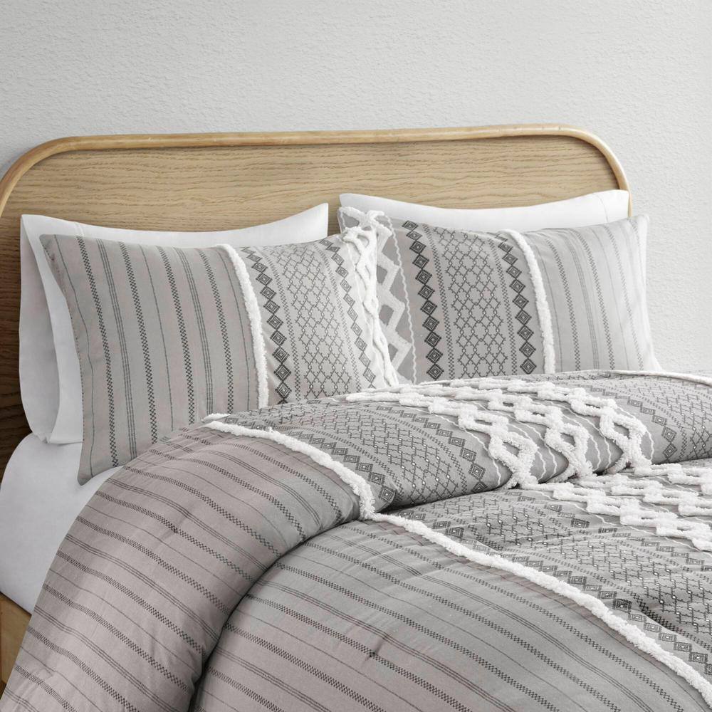 Gray Full Cotton Reversible Comforter Set with Chenille