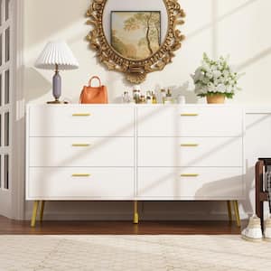 6-Drawers White Wood Dresser Storage Cabinet Organizer With Metal Leg 54 in. W x 15.6 in. D x 30.1 in. H