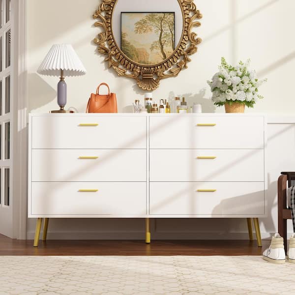 FUFU&GAGA 6-Drawers White Wood Dresser Storage Cabinet Organizer with Metal Leg 54 in. W x 15.6 in. D x 30.1 in. H