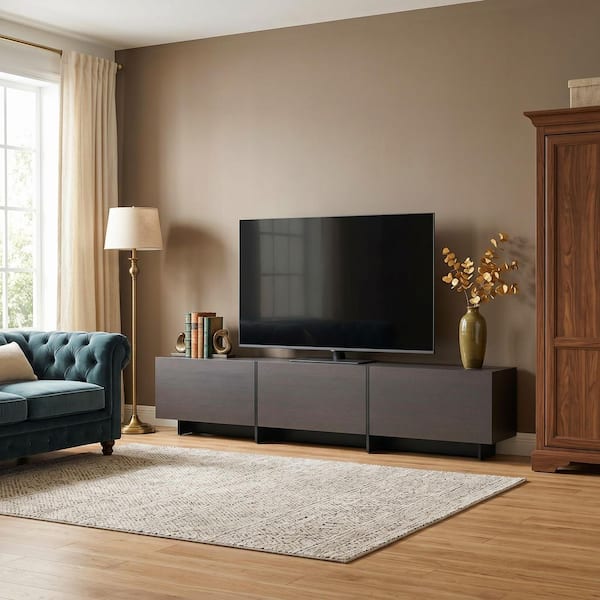 Brown and Black Wooden Entertainment Center, TV Console Table TV Stand Fits TV's up to 75 in. with 3 Doors and 3 Shelves