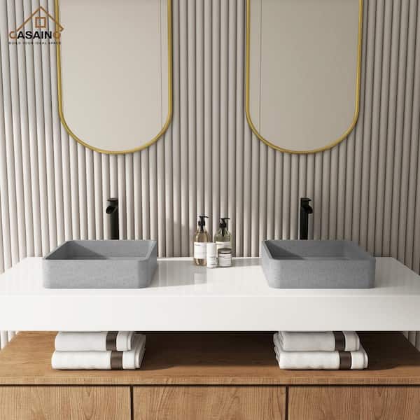 Concrete Square Bathroom Sink Vessel Sink Art Basin in Mottled Bluish Grey with the Same Color Drainer