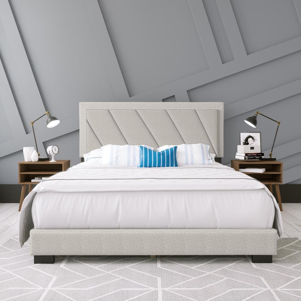 Diagonal Blue-Gray Linen Upholstered Full Platform Bed with Tufted Headboard