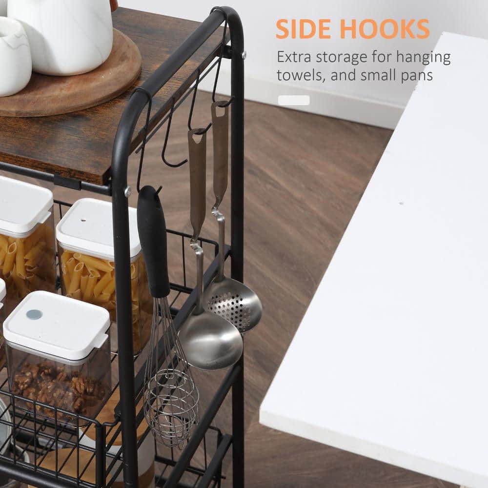 Rustic Brown 3-Tier Wood and Metal Kitchen Cart with Storage