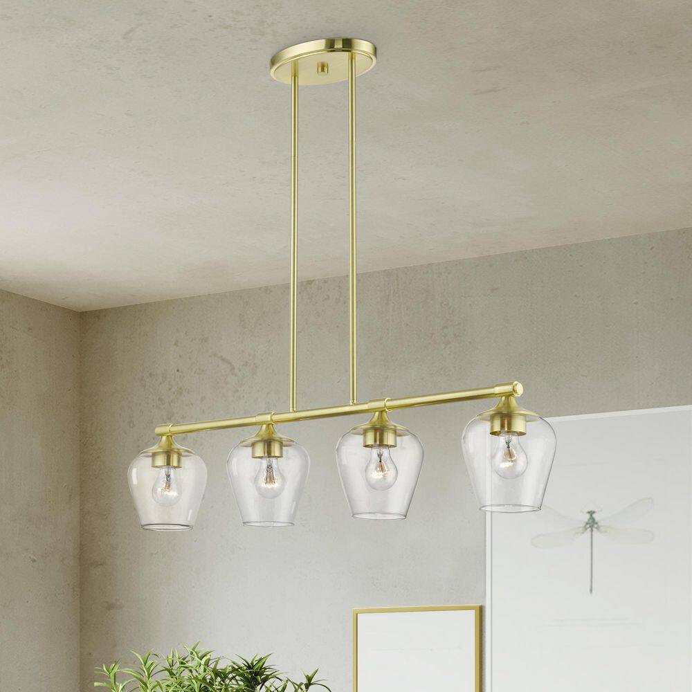 Elegant Satin Brass Linear Chandelier with Clear Glass Shades