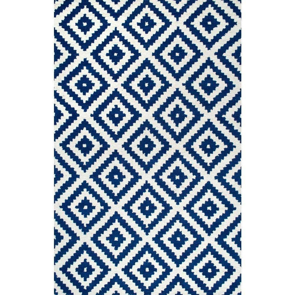Navy and White Geometric Wool Tufted Area Rug, 5x8
