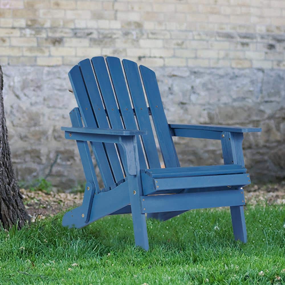 Blue Solid Wood Folding Adirondack Chair for Outdoor Use