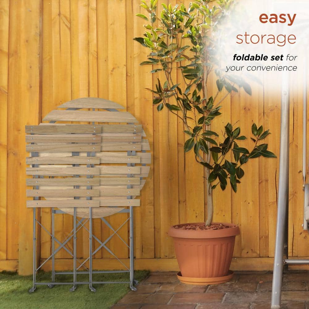 Natural Wood and Metal 3-Piece Folding Bistro Set