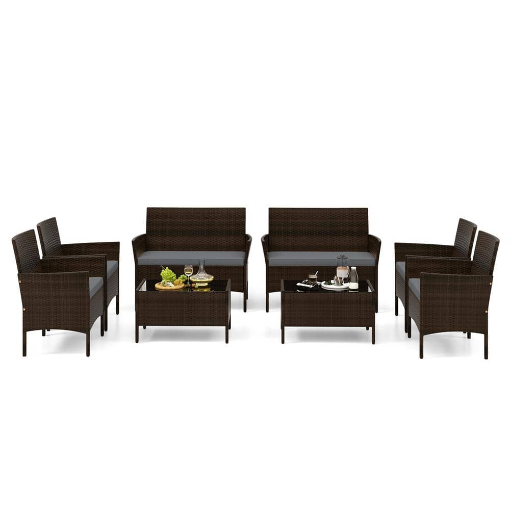8-Piece Wicker Patio Conversation Set with Chair Loveseat and Tempered Glass Table Gray Cushions price history on PriceWatchPro