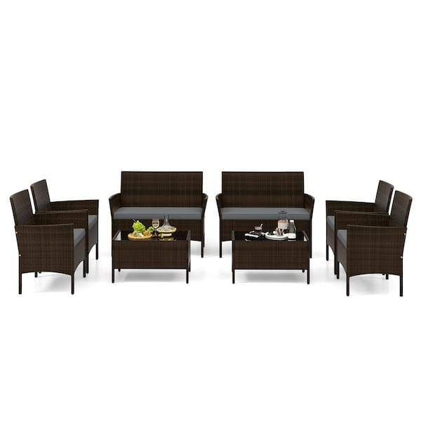 HONEY JOY 8-Piece Wicker Patio Conversation Set with Chair Loveseat and Tempered Glass Table Gray Cushions