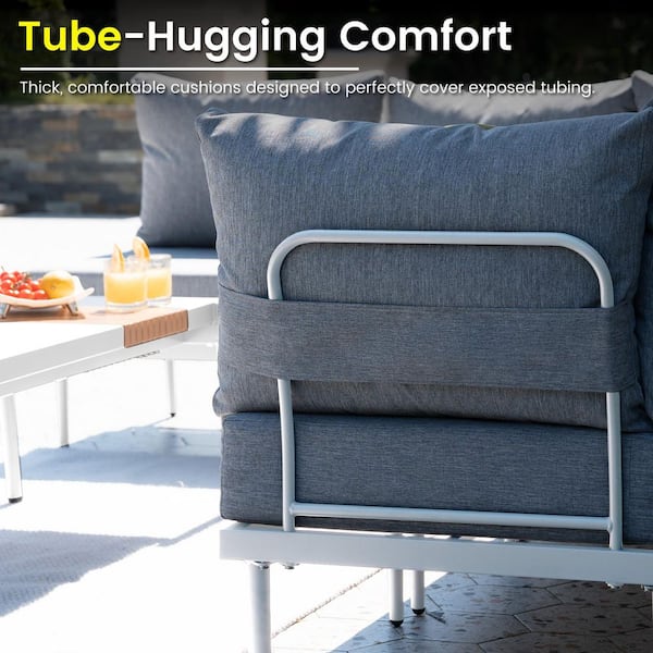 7-Piece Metal Outdoor Patio Conversation Set with Coffee Table, Grey Cushions and White Frame