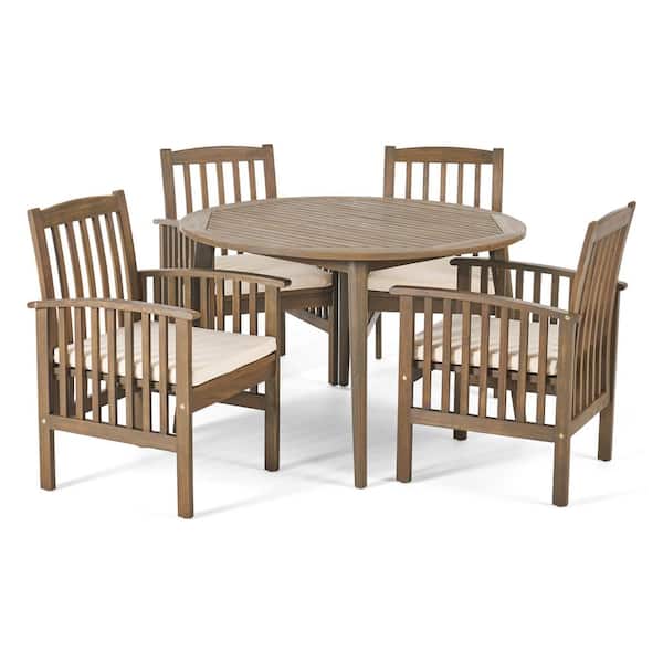 Casa Acacia Grey 5-Piece Acacia Wood Round Table with Straight Legs Patio Outdoor Dining Set with Cream Cushions