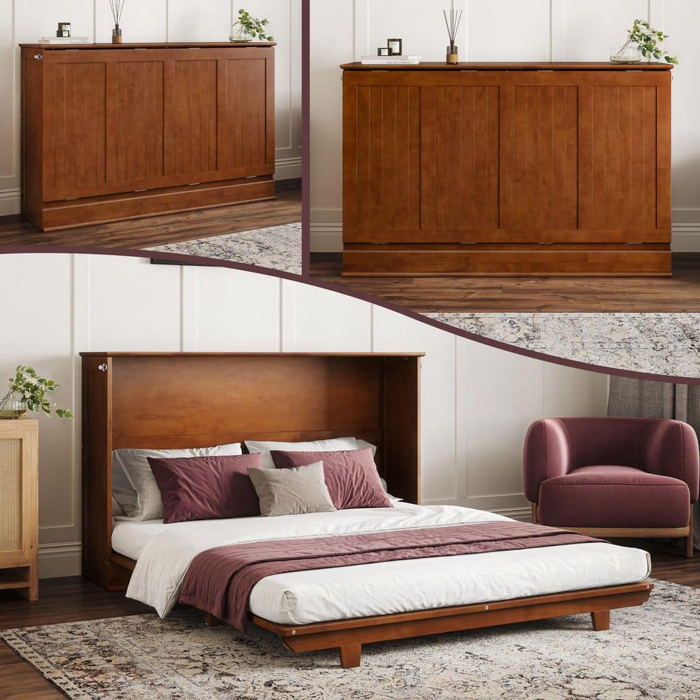 Winthrop Teak Brown Wood Frame Queen Murphy Bed Chest with 4 in. Mattress