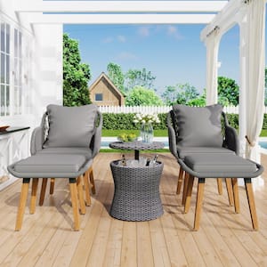 5-Piece Gray Wicker Patio Furniture Chair Sets, Outdoor Bistro Sets with Wicker Bar Table, Ottomans and Gray Cushions