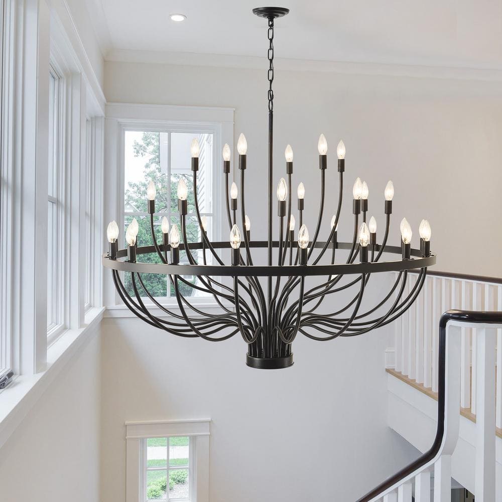 33 Light Large Black Round Modern Farmhouse Candle Wagon Wheel Chandelier f