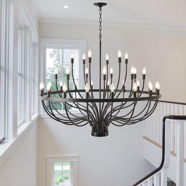 33 Light Large Black Round Modern Farmhouse Candle Wagon Wheel Chandelier for High Ceilings Living Room Dining Room