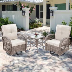 3-Piece Wicker Outdoor Rocking Chair Patio Conversation Set Swivel Chairs with Beige Cushions and Side Table