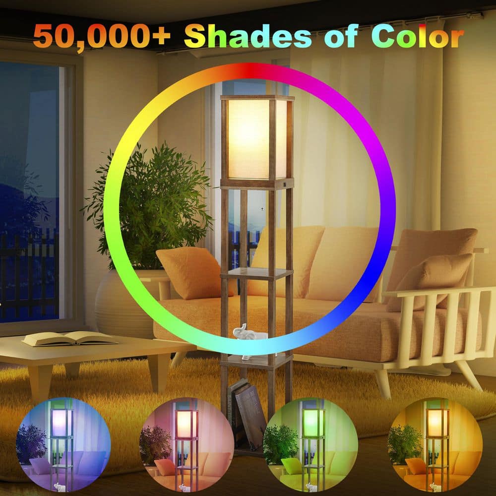 63.5" Beige Wooden 3-Shelf Floor Lamp with USB Port