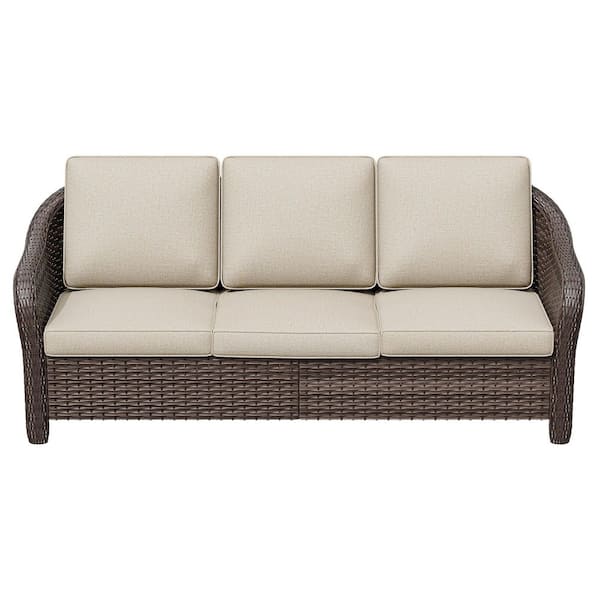 3-Seat Wicker Outdoor Couch Patio Sofa with Beige Cushion