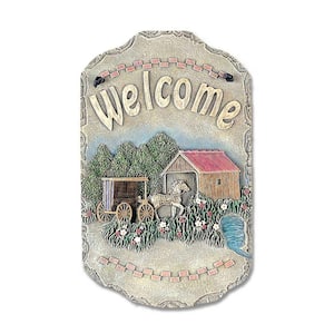 Welcome Multicolor Buggy Porch Resin Slate Plaque Indoor Home Wall Ready To Hang Leather Strap Decorative Sign
