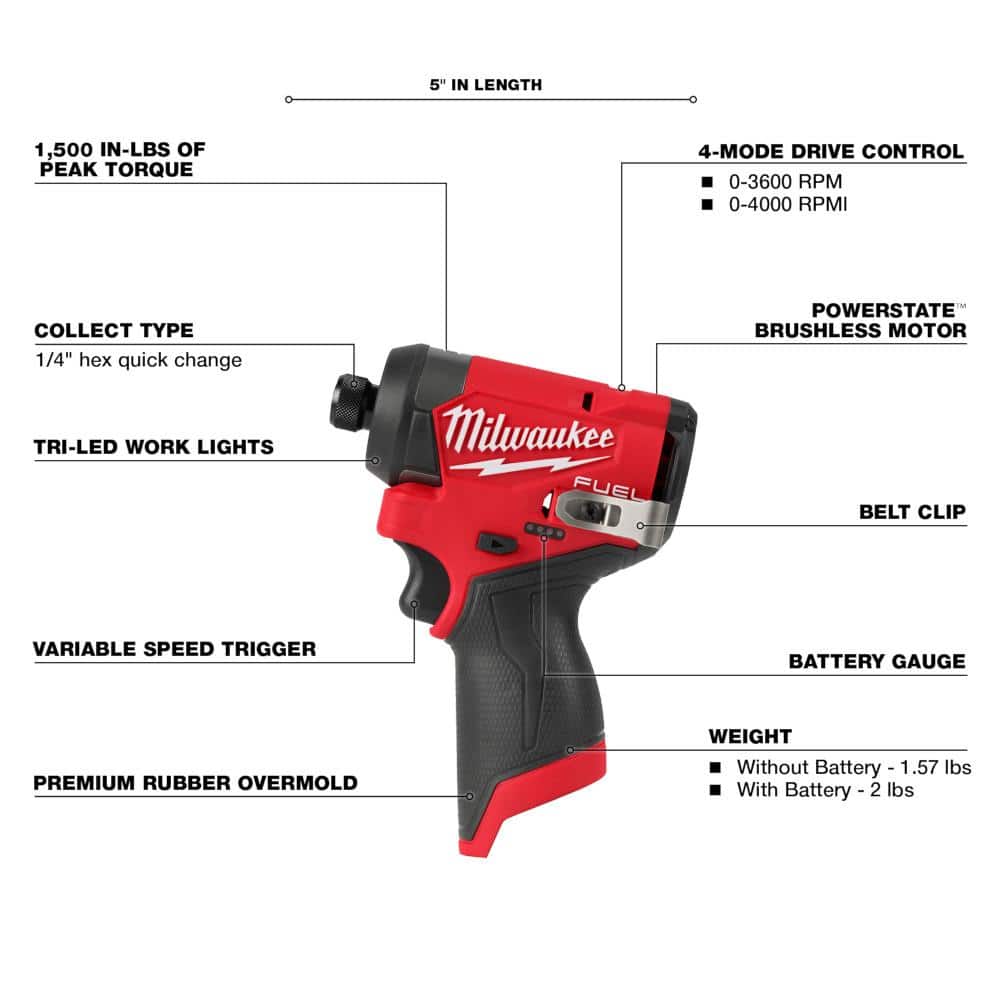 M12 FUEL 12V Lithium-Ion Cordless 3/8 in. Ratchet and 1/4 in. Impact Driver Kit (2-Tool) w/Batteries, Charger & Bag - 2