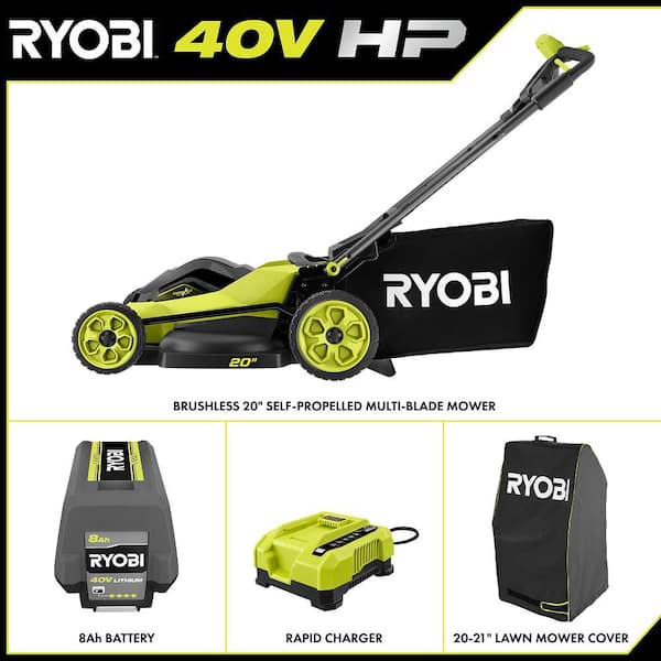 40V HP Brushless 20 in. Cordless Multi-Blade Walk Behind Self-Propelled Lawn Mower w/ Cover, 8. 0Ah Battery & Charger