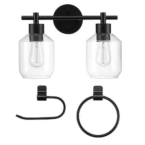 Cannes 14.63 in. 2-Light Matte Black Vanity Light with Clear Glass Shades and 2-Piece Bath Accessory Set