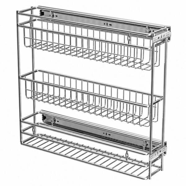 3-Shelf Chrome Side Mount Pull Out Metal Spice Organizer for Frameless Kitchen Cabinets Pantry Storage