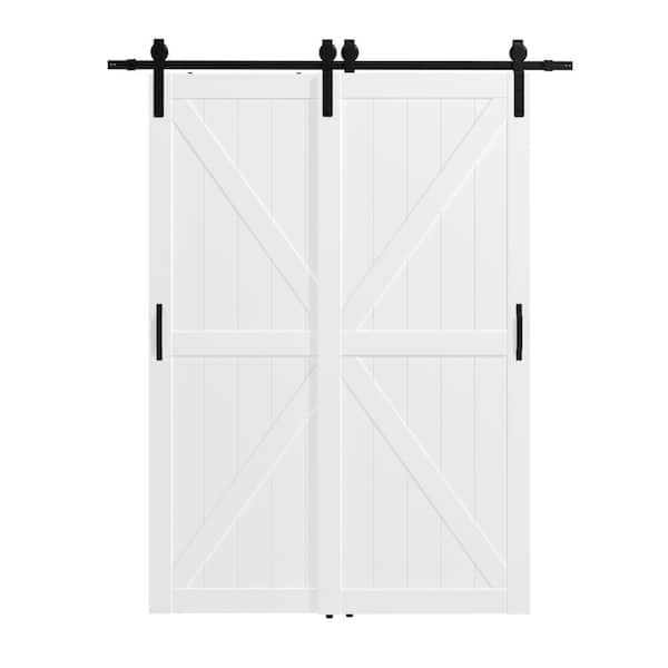 64 in. x 84 in. (Double 36 in. Doors) White Primed MDF K-Shaped Bypass Sliding Assembly Required Barn Door with Hardware
