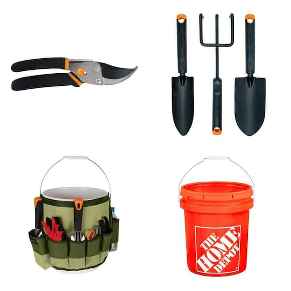 5/8 in. Cut 9 in. Bypass Pruning Shears, 3-Piece Garden Tool Set, 5 Gal. Bucket Caddy and 5 Gallon Orange Bucket Combo