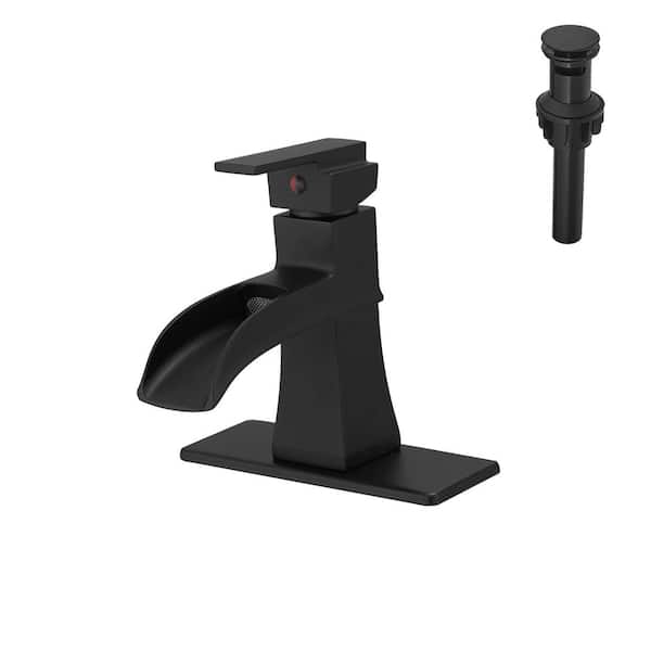 Unbranded Single Hole Single-Handle Low-Arc Bathroom Faucet With Pop-Up Drain Assembly and Waterfall in Matte Black