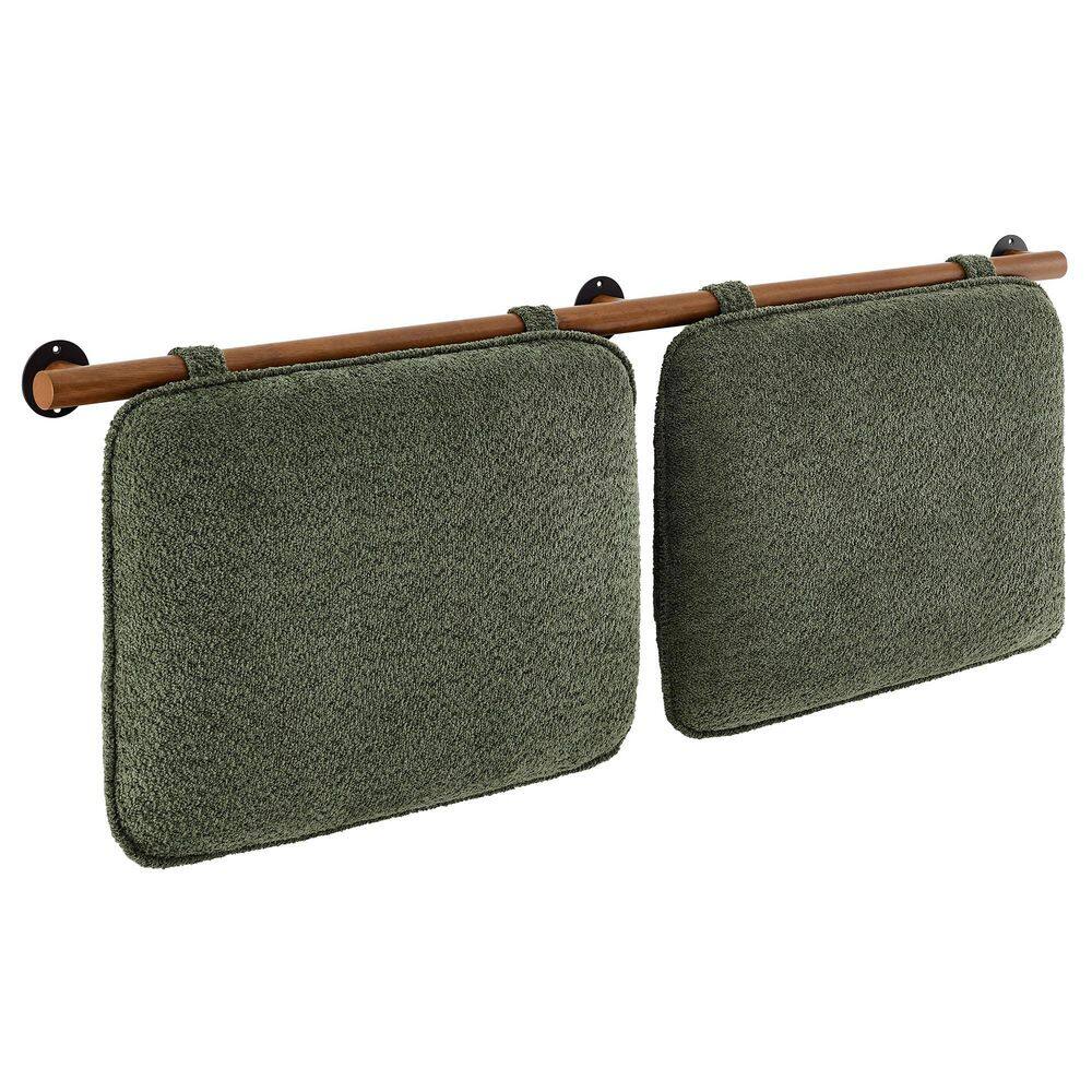 Sage Green Chenille Upholstered Floating Full Headboard with Walnut Bar