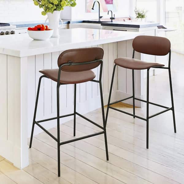 LUE BONA 34.25 in. Dark Brown Low Back Faux Leather Counter Height Bar Stools with Metal Frame(Set of 2)