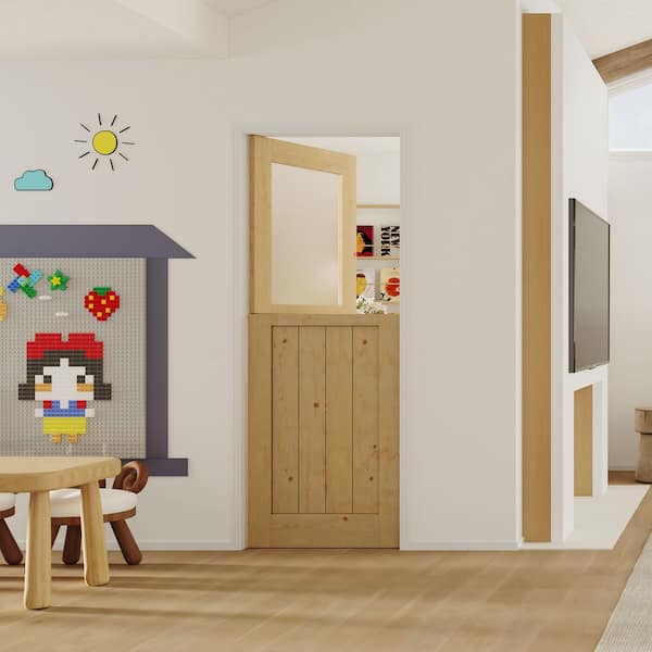 TENONER 32 in. x 80 in. Half Frosted Glass Solid Core Natural Pine