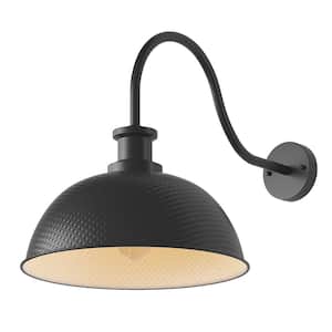 Modern 16.02 in. 1-Light Black Exterior Gooseneck Hammered Barn Outdoor Wall Sconce with Metal Shade