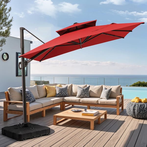 Pellebant 10.5 ft. x 9 ft. Outdoor Aluminum Cantilever 360° Rotation Tilt Double-Top Patio Umbrella in Red with Base for Deck Yard